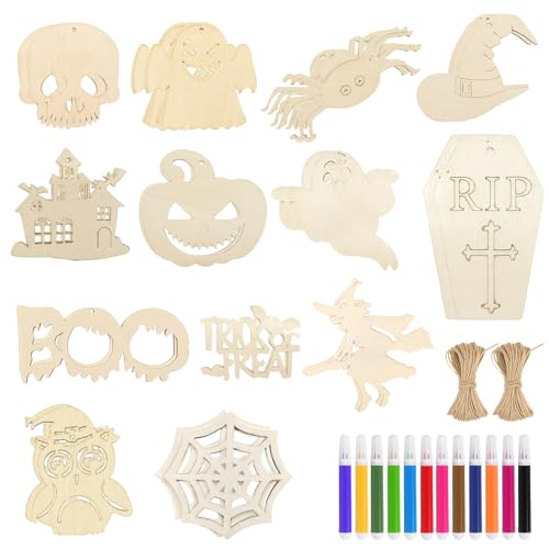 Holzbastelsets Für Kinder, Halloween Bastelset Mit 40 Stück Teilen, DIY Holz Anhänger Zum Bemalen, Basteln Halloween Kinder, Kreatives Set Für Halloween Party, Schule Und Familie von HcvGcm