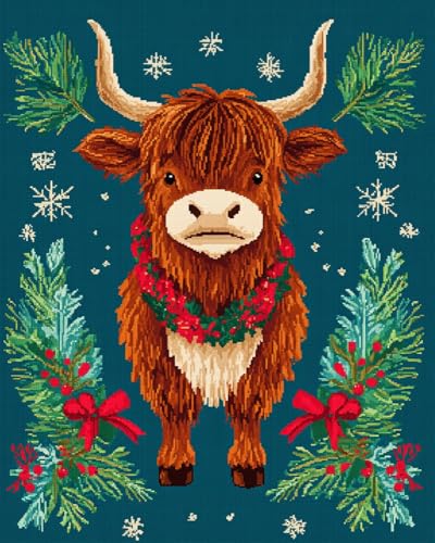 Hdfvlfdsa 11Ct Gestempelte Kreuzstich-Sets, Weihnachtsstechpalme Und Junge Hochlandrinder 60x80cm Diy Cross Stitch Stickpackung Craft Handarbeiten Vorgedruckter Stickerei-Starter-Kit Für Anfänger von Hdfvlfdsa