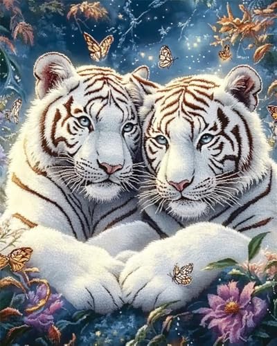 Hdfvlfdsa 11Ct Gestempelte Kreuzstich-Sets, Zwei Weiße Tiger 40X50Cm Diy Cross Stitch Stickpackung Craft Handarbeiten Vorgedruckter Stickerei-Starter-Kit Für Anfänger von Hdfvlfdsa