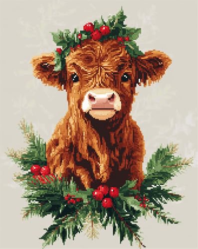 Hdfvlfdsa Kreuzstich Set Vorgedruckt, Weihnachtsstechpalme Und Junge Hochlandrinder 60x80cm Stickvorlagen Stickbilder Vorgedruckt Kreuzstich Stickpackungen Stickpackung Stickbild Stickset Sticken Set von Hdfvlfdsa