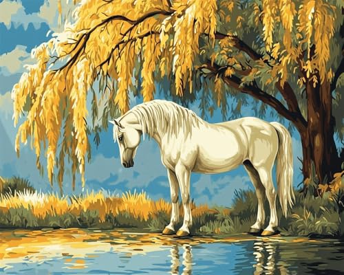 Hdfvlfdsa Kreuzstich Set Vorgedruckt, Weißes Pferd Unter Einer Weide 60x80cm 11 Ct Kreuzstich Stickpackungen,Stickbilder Vorgedruckt Kreuzstich Für Wandkunst-Heimdekoration von Hdfvlfdsa