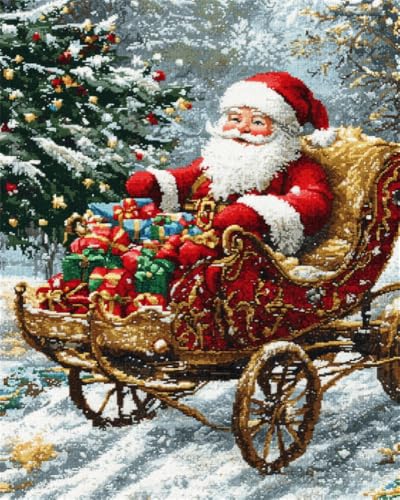 Hdfvlfdsa Kreuzstich Set Vorgedruckt,Der Weihnachtsmann Fährt Eine Kutsche 40X50Cm 11 Ct Kreuzstich Stickpackungen,Stickbilder Vorgedruckt Kreuzstich Für Wandkunst-Heimdekoration von Hdfvlfdsa