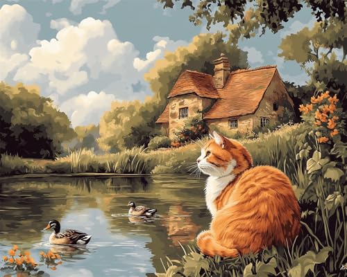 Hdfvlfdsa Kreuzstich Set Vorgedruckt,Ländliche Landschaft Katze Und Enten 50x70cm 11 Ct Kreuzstich Stickpackungen,Stickbilder Vorgedruckt Kreuzstich Für Wandkunst-Heimdekoration von Hdfvlfdsa