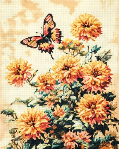 Hdfvlfdsa Kreuzstich Set Vorgedruckt Schmetterlinge Und Chrysanthemen 40X50Cm Stickvorlagen Stickbilder Vorgedruckt Kreuzstich Stickpackungen Stickpackung Cross Stitch Embroidery Kit Stickset Sticken von Hdfvlfdsa