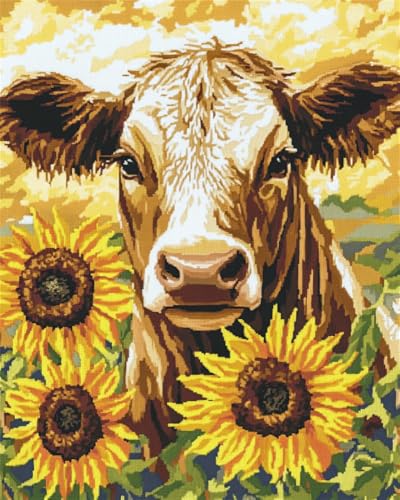 Hdfvlfdsa Kreuzstich Stickpackungen Erwachsene, Kuh Und Sonnenblumen 40X50Cm Stickvorlagen Vorgedruckt Kreuzstich Stickpackung Zum Sticken Starter Set Für Erwachsene Kinder Anfänger von Hdfvlfdsa