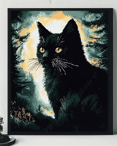 Hdfvlfdsa Kreuzstich Stickpackungen Erwachsene, Schwarze Katze 60x80cm Stickvorlagen Vorgedruckt Kreuzstich Stickpackung Zum Sticken Starter Set Für Erwachsene Kinder Anfänger von Hdfvlfdsa