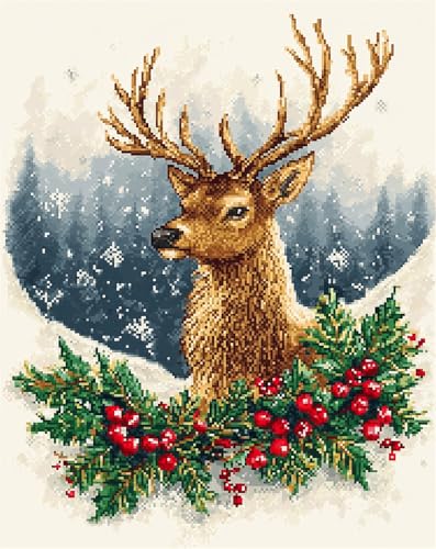 Hdfvlfdsa Kreuzstich Stickpackungen Erwachsene, Weihnachtsstechpalme Und Elch 60x80cm Stickvorlagen Vorgedruckt Kreuzstich Stickpackung Zum Sticken Starter Set Für Erwachsene Kinder Anfänger von Hdfvlfdsa