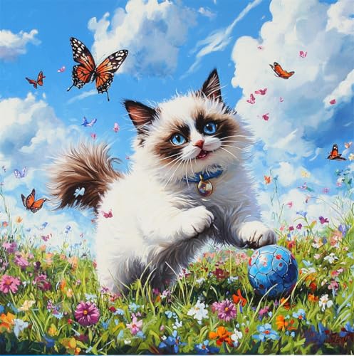 Hdfvlfdsa Reuzstich Stickpackung 11Ct Sticken Set Erwachsene Kreuzstichragdoll-Katze Jagt Einen Ball 40X40Cm Diy Stickbilder Vorgedruckt Kreuzstich Für Anfänger Home Decor von Hdfvlfdsa