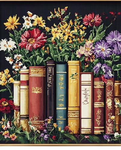 Hdfvlfdsa Stickpackung 11Ct Sticken Set Erwachsene Kreuzstich Bücher Und Blumen 60x80cm Diy Stickbilder Vorgedruckt Kreuzstich Für Anfänger Home Decor von Hdfvlfdsa