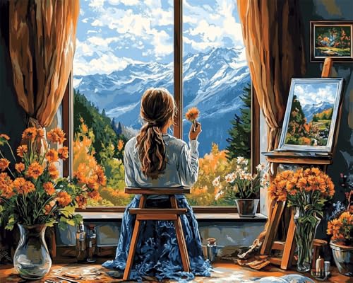 Hdfvlfdsa Stickpackung Kreuzstich Vorgezeichnet Frau Malt Unter Dem Fenster 60x80cm Baumwolle Komplettes Stickset Mit Stickvorlage Stickerei-Kit Zum Selbersticken Erwachsene von Hdfvlfdsa