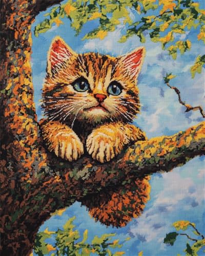 Hdfvlfdsa Stickpackung Kreuzstich Vorgezeichnet Katze Im Baum 40X50Cm Baumwolle Komplettes Stickset Mit Stickvorlage Stickerei-Kit Zum Selbersticken Erwachsene von Hdfvlfdsa