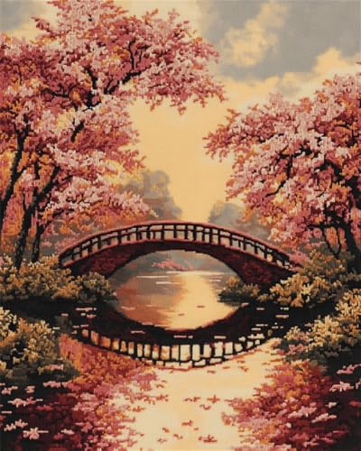 Kreuzstich Set Vorgedruckt, Kirschblütenbrückensee 40X50Cm Stickvorlagen Stickbilder Vorgedruckt Kreuzstich Stickpackungen Stickpackung Cross Stitch Embroidery Kit Stickset Sticken Set Erwac von Hdfvlfdsa