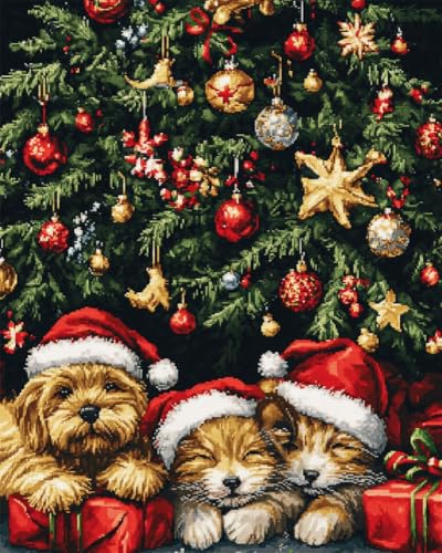 Kreuzstich Set Vorgedruckt, Weihnachten Katzen Und Hunde 60x80cm Stickvorlagen Stickbilder Vorgedruckt Kreuzstich Stickpackungen Stickpackung Cross Stitch Embroidery Kit Stickset Sticken Set von Hdfvlfdsa