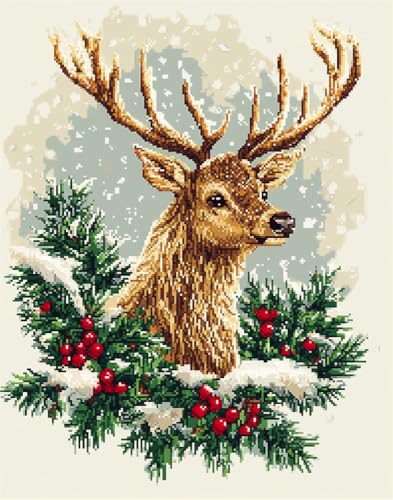 Kreuzstich Set Vorgedruckt, Weihnachtsstechpalme Und Elch 60x80cm Stickvorlagen Stickbilder Vorgedruckt Kreuzstich Stickpackungen Stickpackung Cross Stitch Embroidery Kit Stickset Sticken Se von Hdfvlfdsa