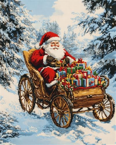 Kreuzstich Stickpackungen Vorgedruckt Set Erwachsene, Der Weihnachtsmann Fährt Eine Kutsche 40X50Cm Stickvorlagen Stickbilder Vorgedruckt Kreuzstich Stickpackung Sticken Stickbild Set Für Er von Hdfvlfdsa