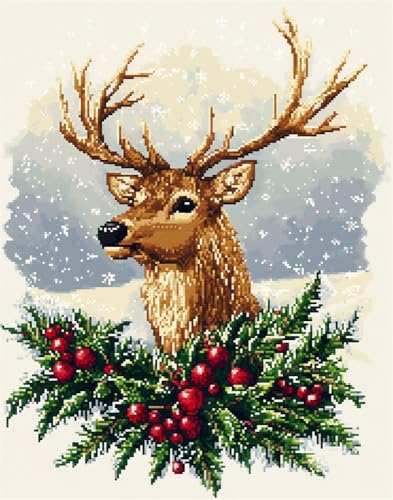 Kreuzstich Stickpackungen Vorgedruckt Set Erwachsene, Weihnachtsstechpalme Und Elch 50x70cm Stickvorlagen Stickbilder Vorgedruckt Kreuzstich Stickpackung Sticken Stickbild Set Für Erwachsene von Hdfvlfdsa