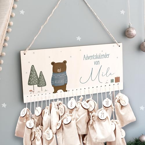 Adventskalender Personalisiert für Kinder | Advent Kalender zum befüllen aus Holz | Wandmontage Weihnachtskalender DIY mit Namen | hellomini (Bär Druck) von hellomini