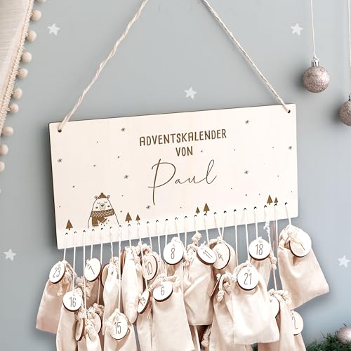 Adventskalender Personalisiert für Kinder | Advent Kalender zum befüllen aus Holz | Wandmontage Weihnachtskalender DIY mit Namen | hellomini (Bär Gravur) von hellomini