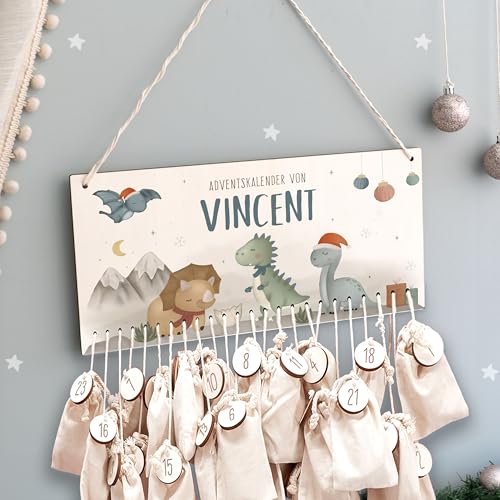 Adventskalender Personalisiert für Kinder | Advent Kalender zum befüllen aus Holz | Wandmontage Weihnachtskalender DIY mit Namen | hellomini (Dinowelt) von hellomini