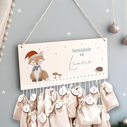 Adventskalender Personalisiert für Kinder | Advent Kalender zum befüllen aus Holz | Wandmontage Weihnachtskalender DIY mit Namen | hellomini (Fuchs Druck) von hellomini