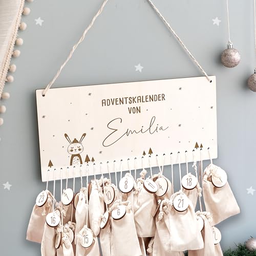 Adventskalender Personalisiert für Kinder | Advent Kalender zum befüllen aus Holz | Wandmontage Weihnachtskalender DIY mit Namen | hellomini (Hase Gravur) von hellomini