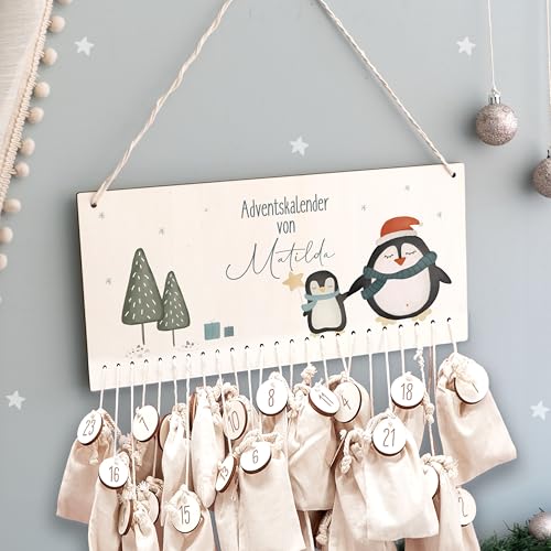 Adventskalender Personalisiert für Kinder | Advent Kalender zum befüllen aus Holz | Wandmontage Weihnachtskalender DIY mit Namen | hellomini (Pinguin Druck) von hellomini