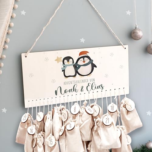 Adventskalender Personalisiert für Kinder | Advent Kalender zum befüllen aus Holz | Wandmontage Weihnachtskalender DIY mit Namen | hellomini (Pinguine Geschwister) von hellomini