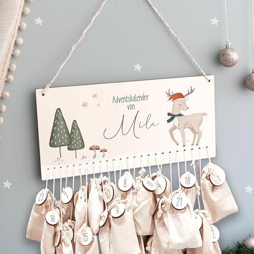 Adventskalender Personalisiert für Kinder | Advent Kalender zum befüllen aus Holz | Wandmontage Weihnachtskalender DIY mit Namen | hellomini (Reh Druck) von hellomini
