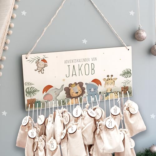 Adventskalender Personalisiert für Kinder | Advent Kalender zum befüllen aus Holz | Wandmontage Weihnachtskalender DIY mit Namen | hellomini (Safari) von hellomini
