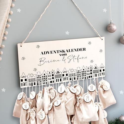 Adventskalender Personalisiert für Kinder | Advent Kalender zum befüllen aus Holz | Wandmontage Weihnachtskalender DIY mit Namen | hellomini (Stadt Paare) von hellomini