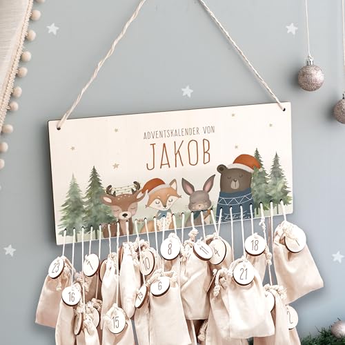 Adventskalender Personalisiert für Kinder | Advent Kalender zum befüllen aus Holz | Wandmontage Weihnachtskalender DIY mit Namen | hellomini (Waldtiere) von hellomini