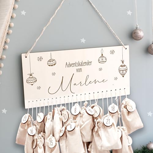 Adventskalender Personalisiert für Kinder | Advent Kalender zum befüllen aus Holz | Wandmontage Weihnachtskalender DIY mit Namen | hellomini (Weihnachtskugel) von hellomini