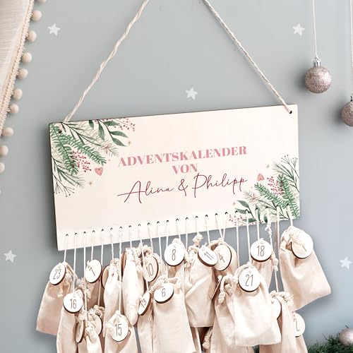 Adventskalender Personalisiert für Kinder | Advent Kalender zum befüllen aus Holz | Wandmontage Weihnachtskalender DIY mit Namen | hellomini (Zweige Paare) von hellomini