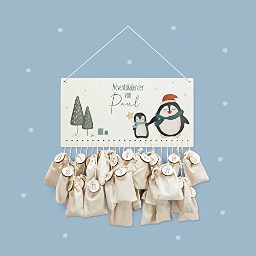 Adventskalender personalisiert mit Namen aus Holz für Kinder DIY Weihnachtskalender mit Aquarellmotiv "Pinguin" Kalender hellomini (Mit Jutebeuteln, mit Nummer-Anhängern, mit Makramee-Aufhängung) von HeLLo mini