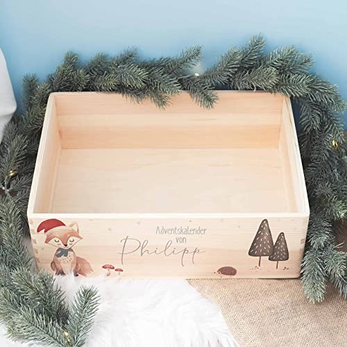 Adventskiste Adventskalender Holz Box Kalender personalisiert mit Namen DIY Weihnachtskalender für Kinder Aquarell-Motiv "Fuchs" hellomini (Mit Jutebeuteln & Nummer-Anhängern) von HeLLo mini
