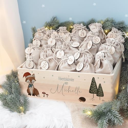 Personalisierte Adventskiste - Adventskalender 2024 Kinder aus Holz mit Namen - Aquarell Druck Kalender DIY - Weihnachtskalender für Kinder - hello mini (Fuchs Druck) von hellomini