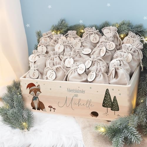 Adventskiste Adventskalender Holz Box Kalender personalisiert mit Namen DIY Weihnachtskalender für Kinder Aquarell-Motiv "Fuchs" hellomini (Ohne Beutel & ohne Nummer-Anhänger) von HeLLo mini