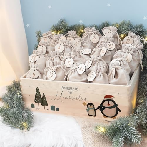 Personalisierte Adventskiste - Adventskalender 2024 Kinder aus Holz mit Namen - Aquarell Druck Kalender DIY - Weihnachtskalender für Kinder - hello mini (Pinguin Druck) von hellomini