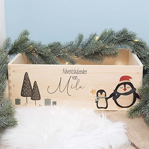 Adventskiste Adventskalender Holz Box Kalender personalisiert mit Namen DIY Weihnachtskalender für Kinder Aquarell-Motiv "Pinguin" hellomini (Ohne Beutel & ohne Nummer-Anhänger) von HeLLo mini