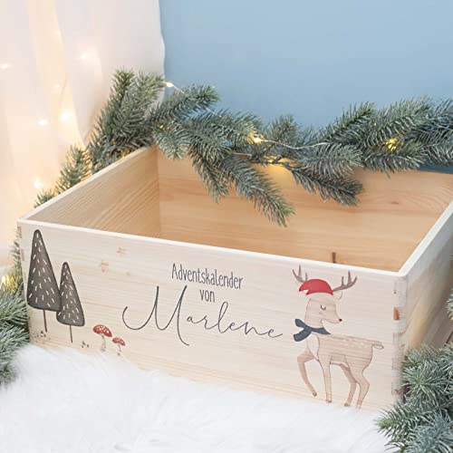 Adventskiste Adventskalender Holz Box Kalender personalisiert mit Namen DIY Weihnachtskalender für Kinder Aquarell-Motiv "Reh" hellomini (Ohne Beutel & ohne Nummer-Aufhänger) von HeLLo mini
