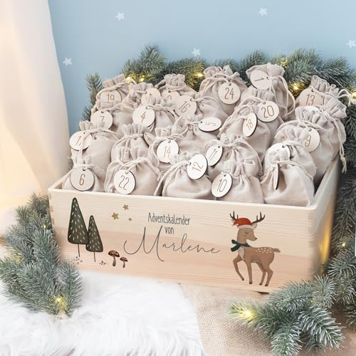 Personalisierte Adventskiste - Adventskalender 2024 Kinder aus Holz mit Namen - Aquarell Druck Kalender DIY - Weihnachtskalender für Kinder - hello mini (Reh Druck) von hellomini