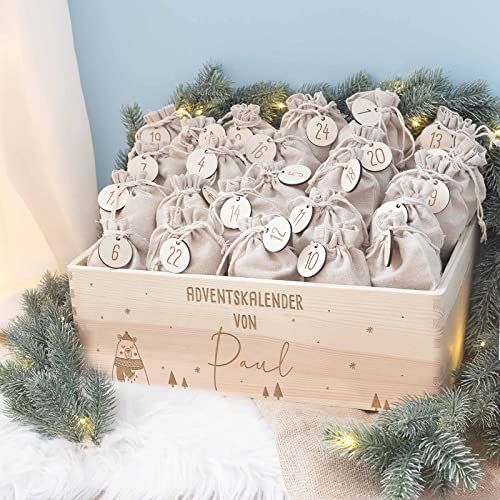 Adventskiste Adventskalender Holz Box Kalender personalisiert mit Namen DIY Weihnachtskalender für Kinder "Bär" hellomini (Ohne Beutel & ohne Nummer-Anhänger) von HeLLo mini