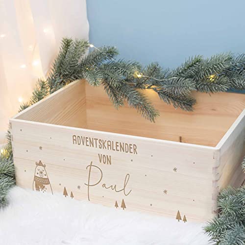 Adventskiste Adventskalender Holz Box Kalender personalisiert mit Namen DIY Weihnachtskalender für Kinder "Bär" hellomini (Ohne Beutel & ohne Nummer-Anhänger) von HeLLo mini
