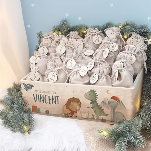 Personalisierte Adventskiste - Adventskalender aus Holz mit Namen - Gravur Kalender DIY - Weihnachtskalender für Kinder - hello mini (Dino Druck) von hellomini