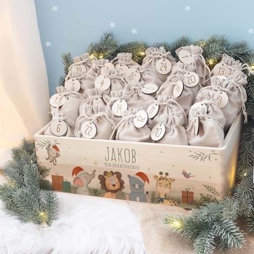 Personalisierte Adventskiste - Adventskalender aus Holz mit Namen - Gravur Kalender DIY - Weihnachtskalender für Kinder - hello mini (Safari Druck) von hellomini