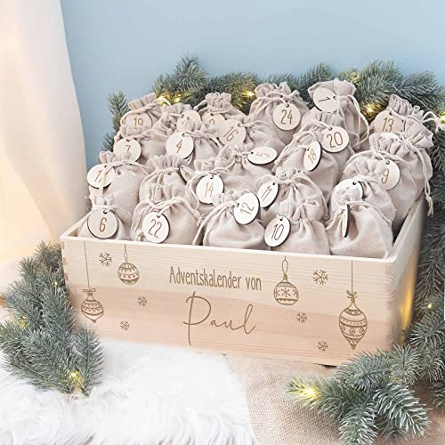 Personalisierte Adventskiste - Adventskalender aus Holz mit Namen - Gravur Kalender DIY - Weihnachtskalender für Kinder - hello mini (Weihnachtskugeln) von hellomini