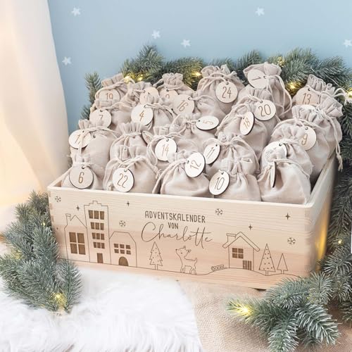 Personalisierte Adventskiste - Adventskalender aus Holz mit Namen - Gravur Kalender DIY - Weihnachtskalender für Kinder - hello mini (Winterlandschaft) von hellomini