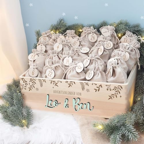 Personalisierte Adventskiste - Adventskalender aus Holz mit Namen - Gravur Kalender DIY - Weihnachtskalender für Kinder - hello mini (Zweige 3D) von hellomini