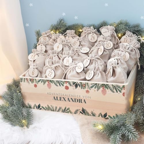 Personalisierte Adventskiste - Adventskalender aus Holz mit Namen - Gravur Kalender DIY - Weihnachtskalender für Kinder - hello mini (Zweige Druck) von hellomini