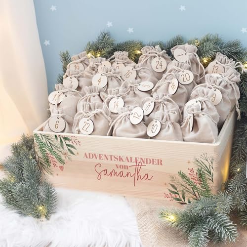 Personalisierte Adventskiste - Adventskalender für Erwachsene aus Holz mit Namen - Gravur Kalender DIY - Weihnachtskalender für Paare - hello mini (Zweige Ecke) von hellomini